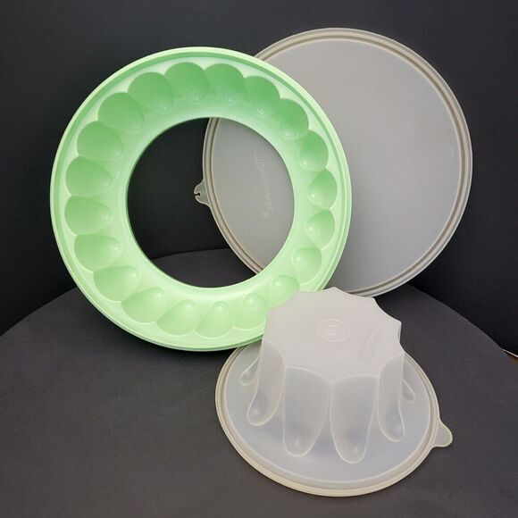 Tupperware Jello Mold Ring 3 pc Mint Green Lid 6 Cup Jel-N-Serve 1201 1202 1203 - Picture 3 of 15